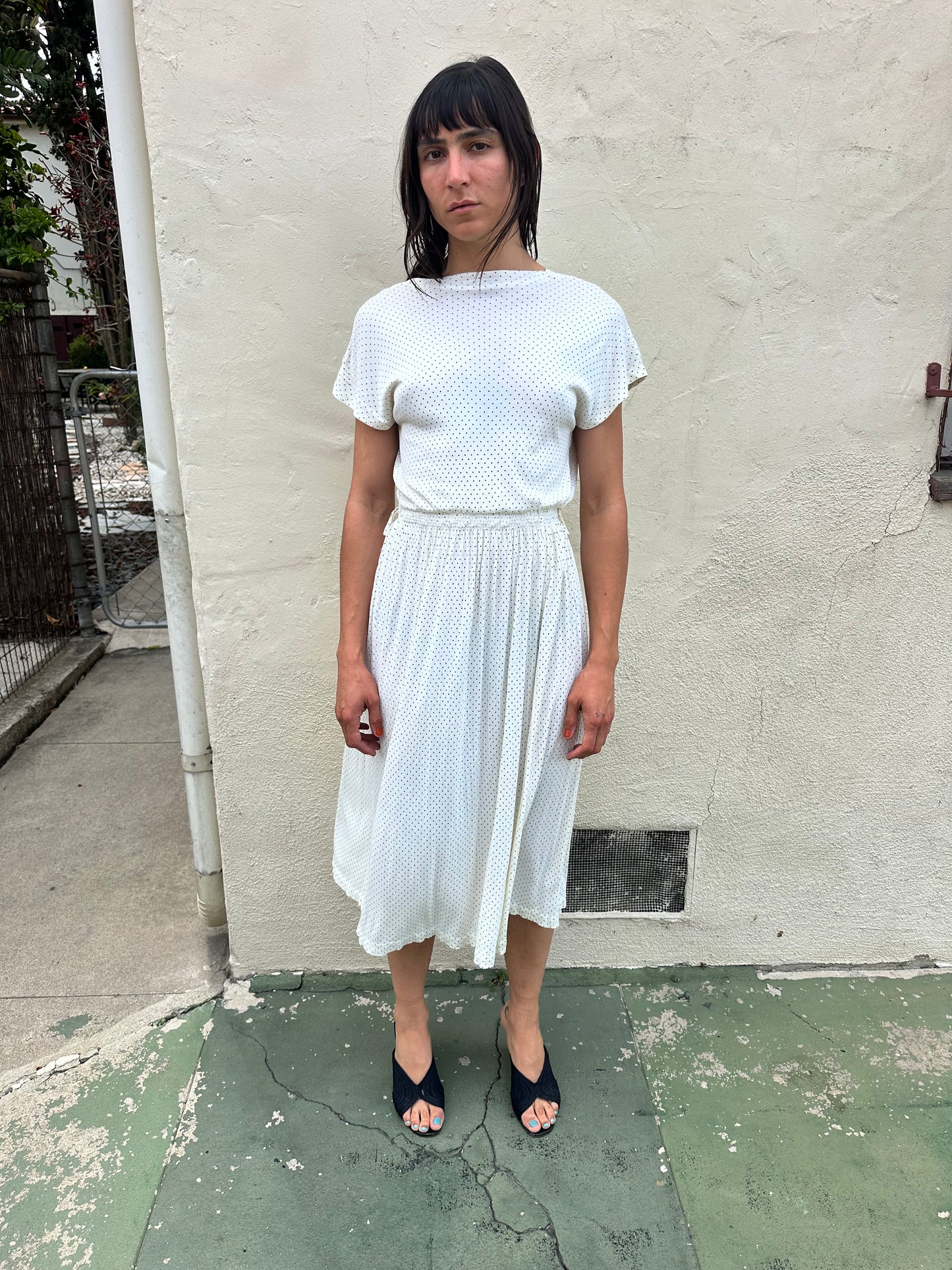 Antique Vintage - 1940s White Polkadot Dress