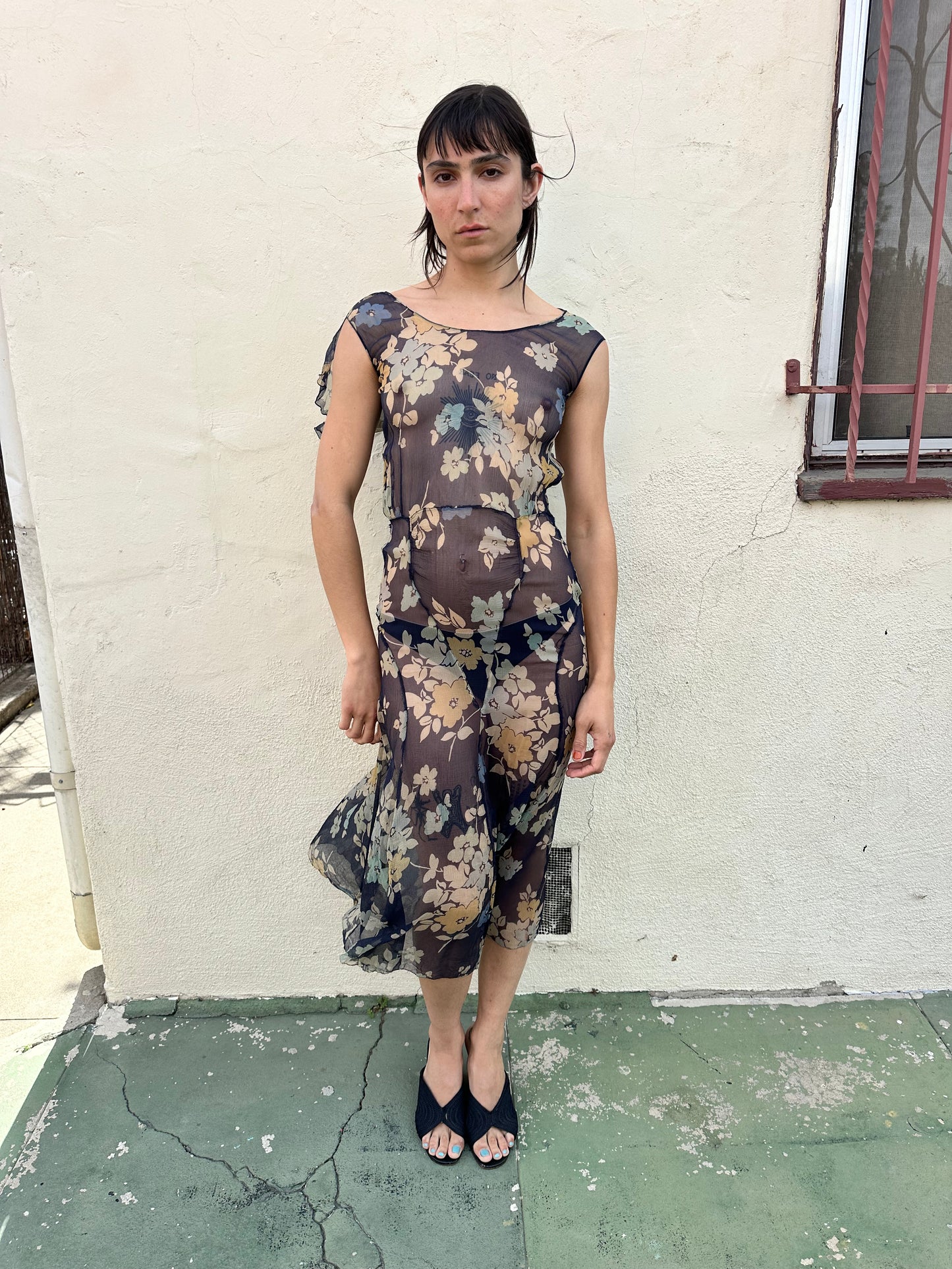 Antique Vintage - 1920s Silk Chiffon Floral Dress