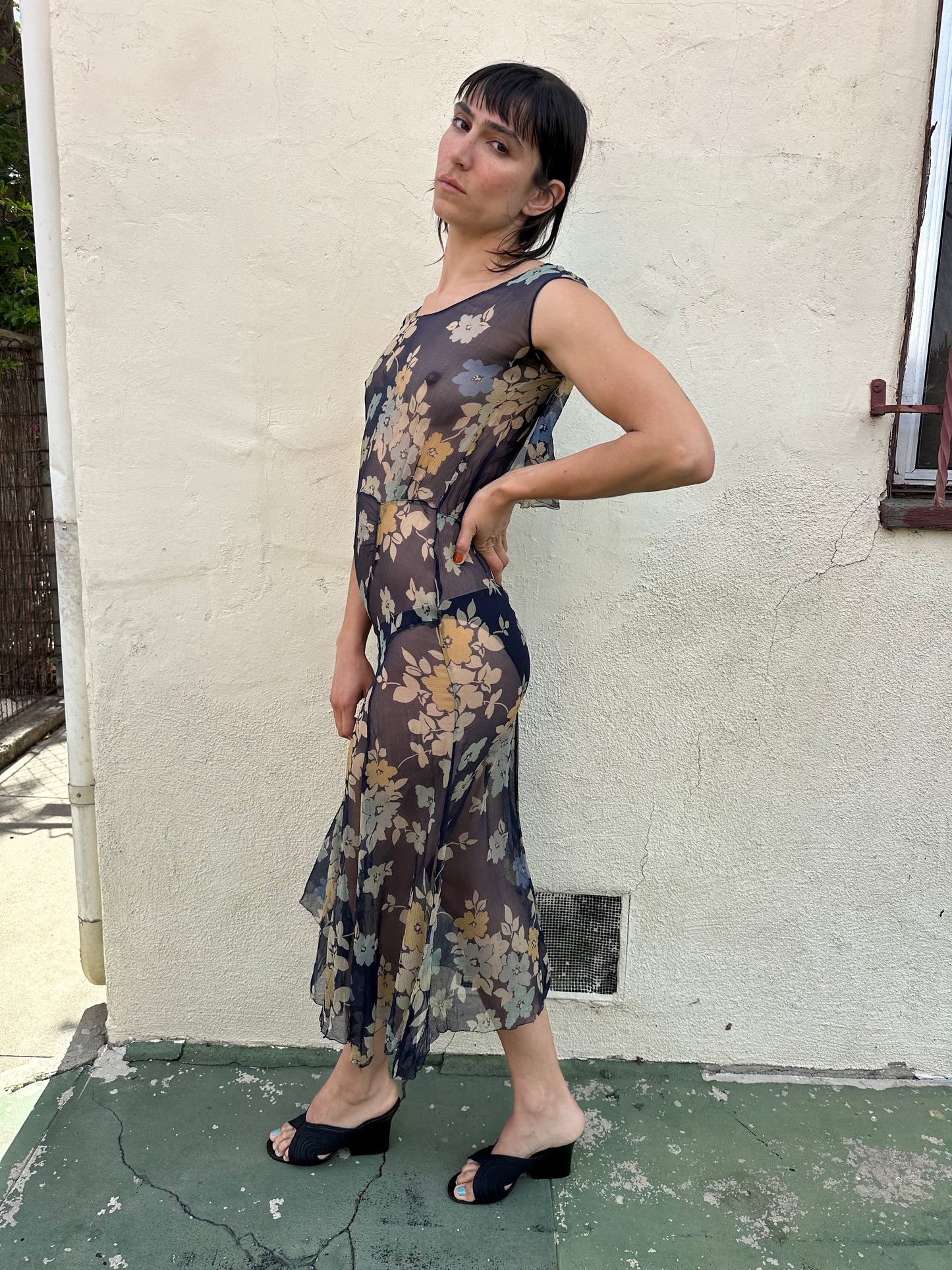 Antique Vintage - 1920s Silk Chiffon Floral Dress