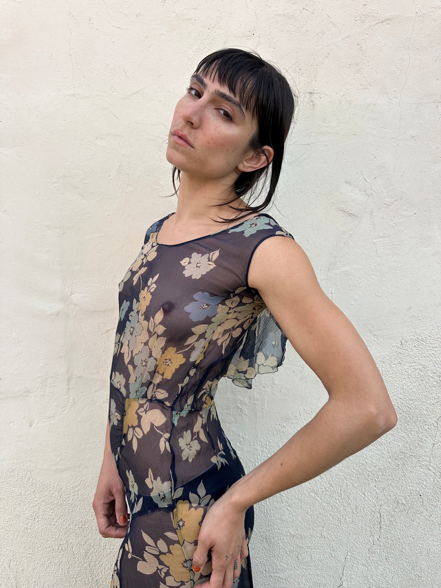 Antique Vintage - 1920s Silk Chiffon Floral Dress