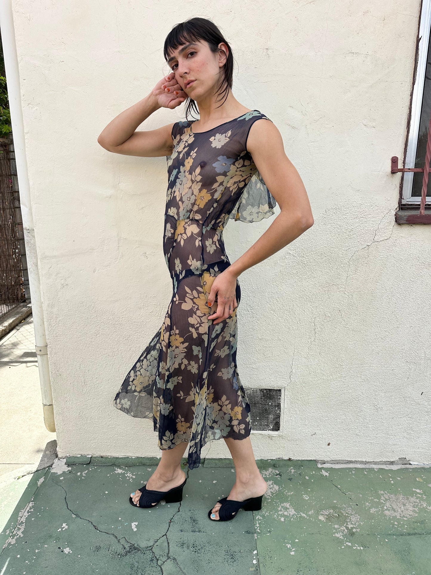 Antique Vintage - 1920s Silk Chiffon Floral Dress