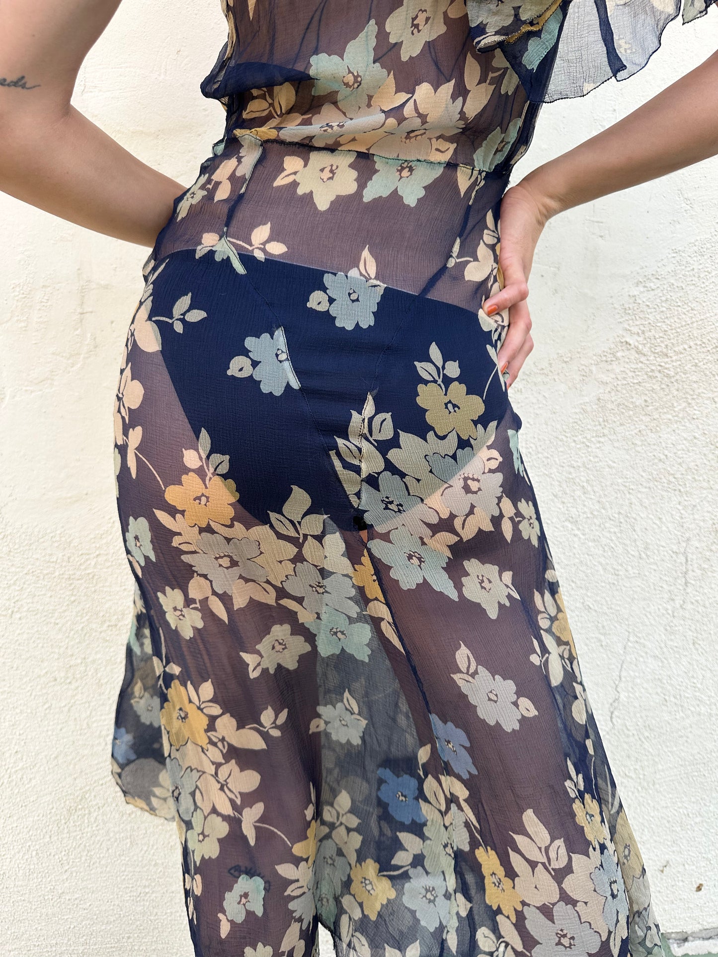 Antique Vintage - 1920s Silk Chiffon Floral Dress