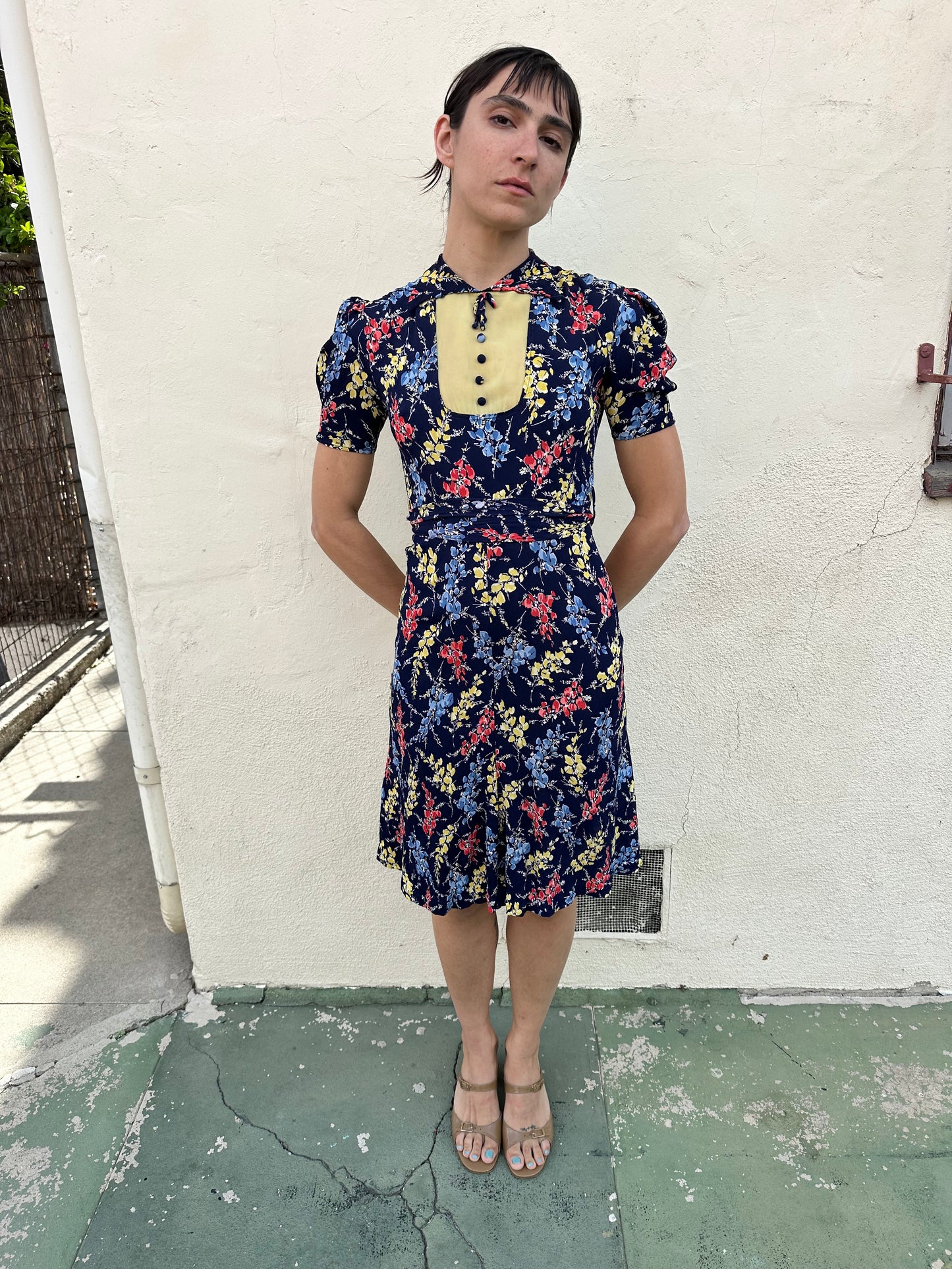 Antique Vintage - 1940s Navy Floral Dress