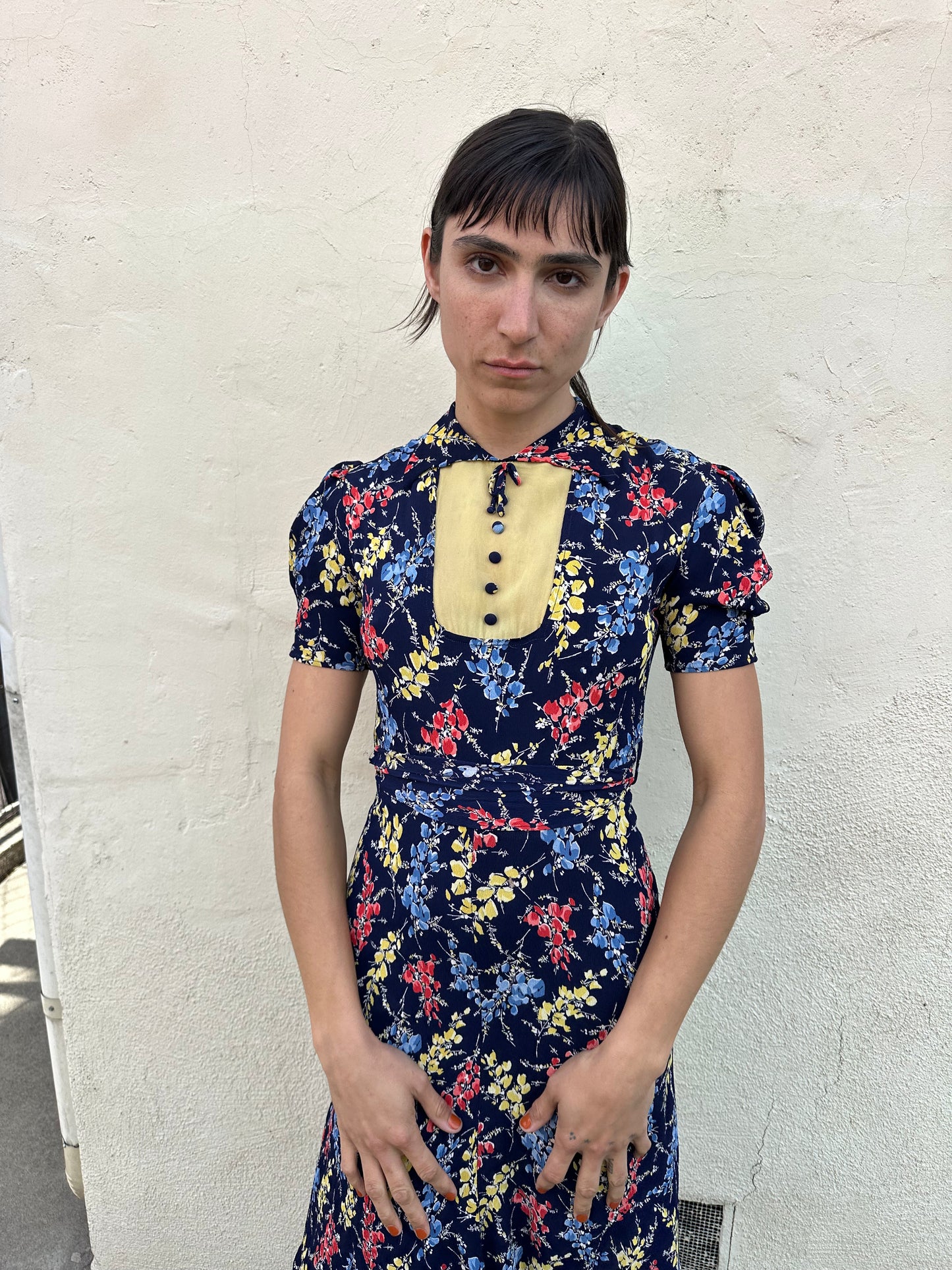 Antique Vintage - 1940s Navy Floral Dress