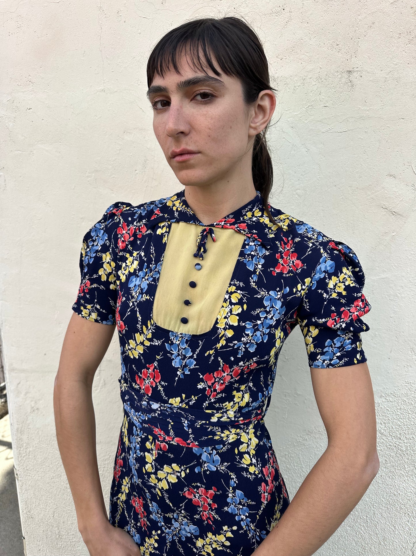 Antique Vintage - 1940s Navy Floral Dress