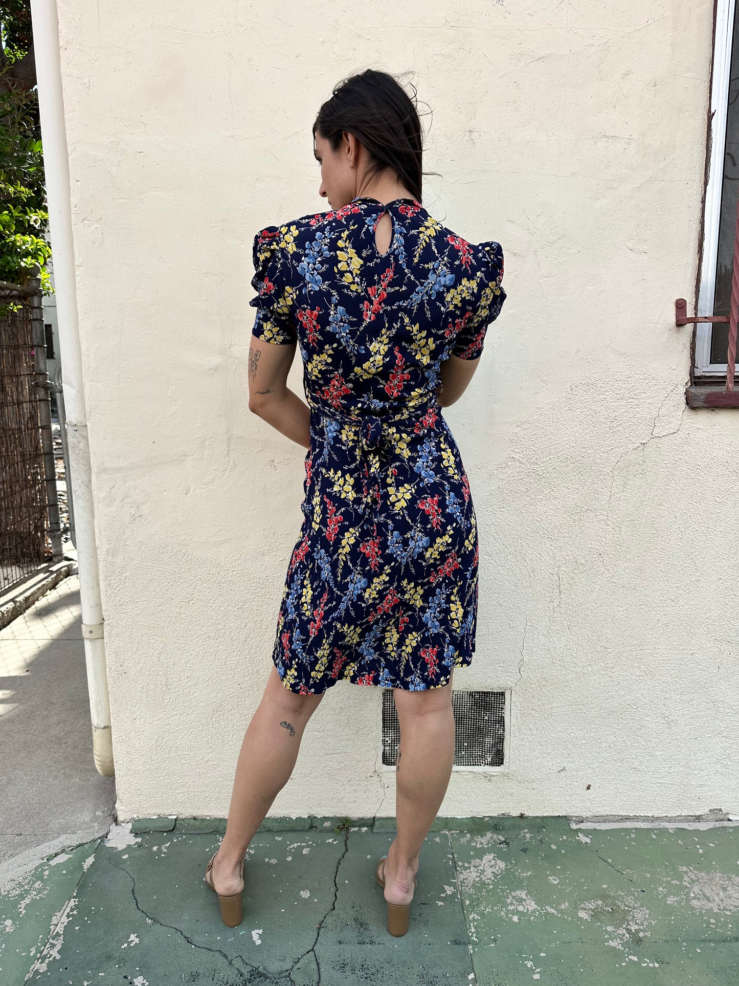 Antique Vintage - 1940s Navy Floral Dress