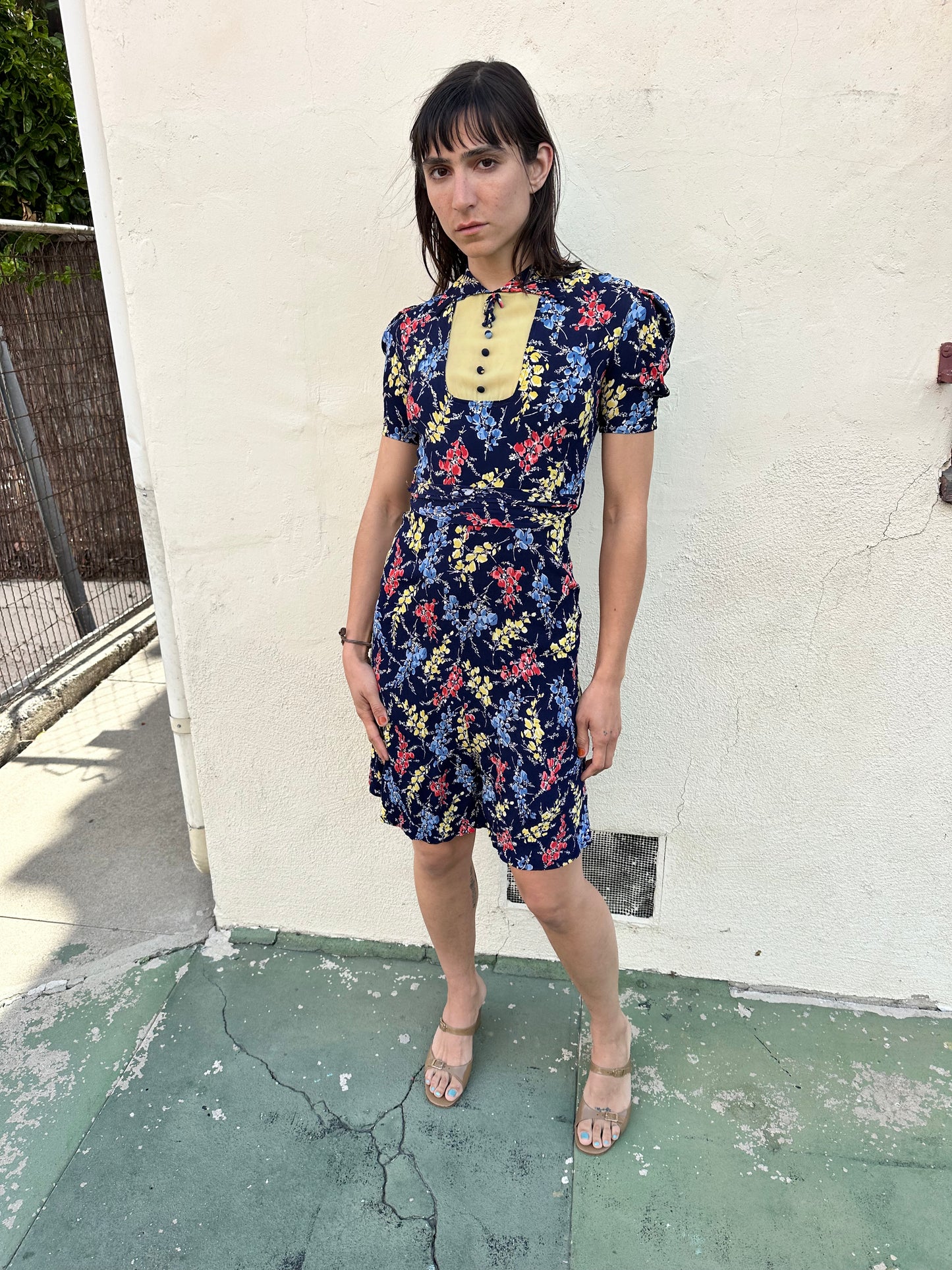 Antique Vintage - 1940s Navy Floral Dress