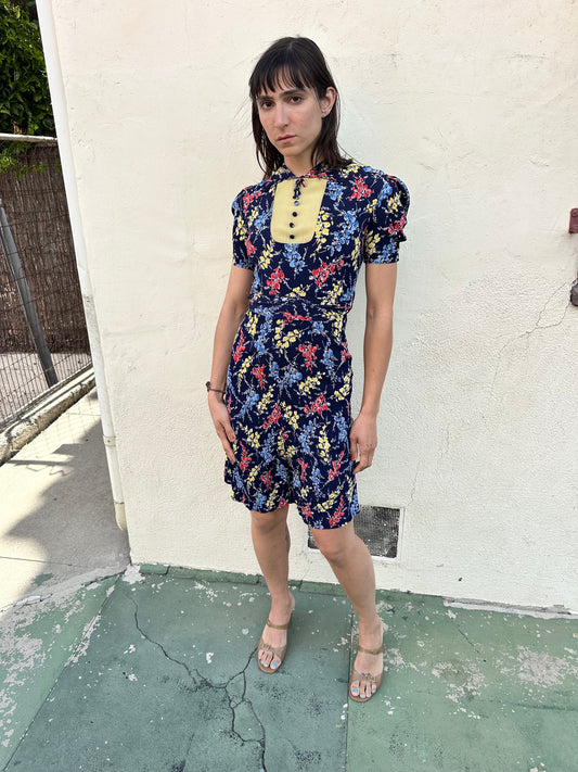 Antique Vintage - 1940s Navy Floral Dress