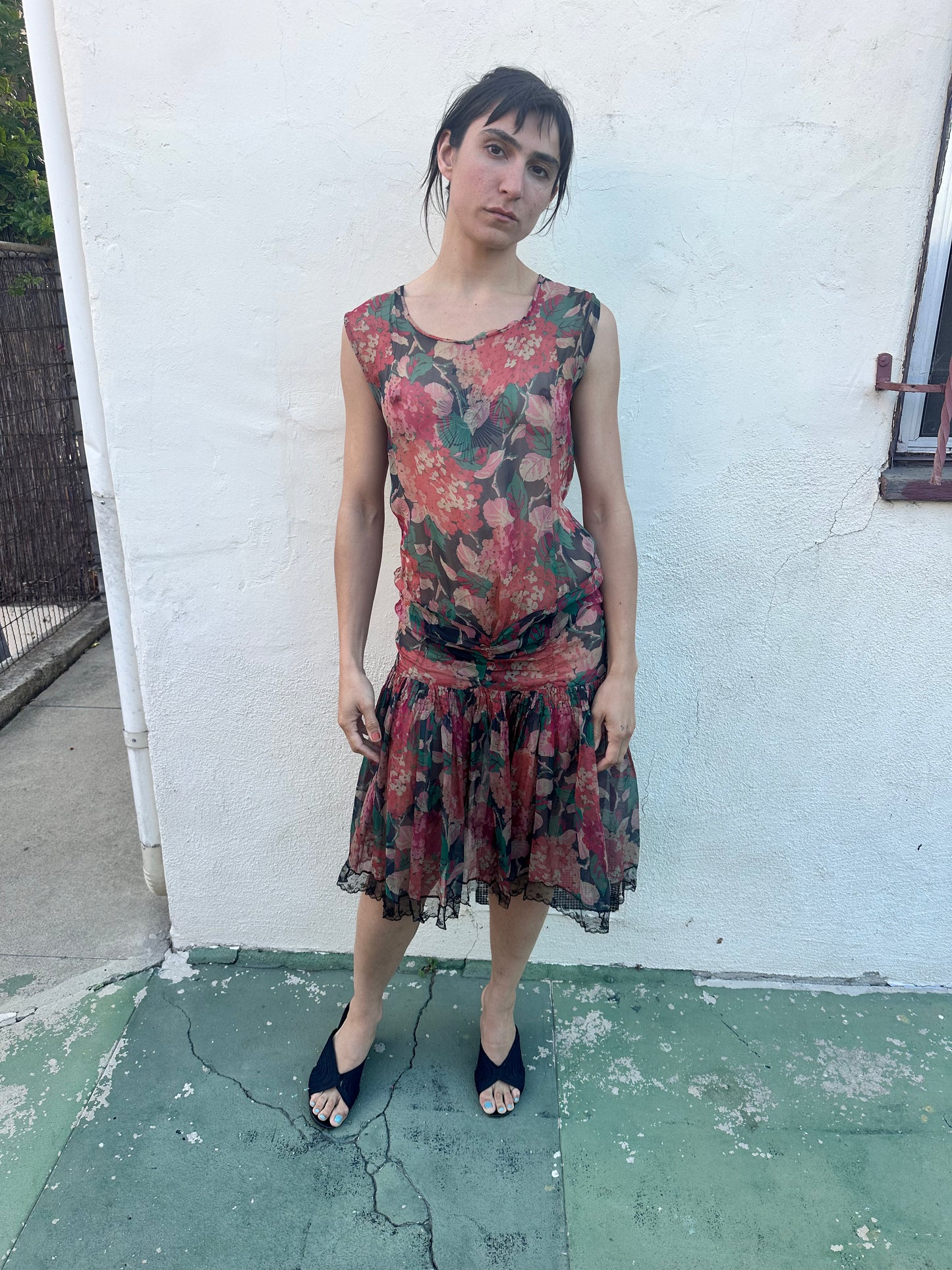 Antique Vintage - 1920s Silk Chiffon Floral Dress