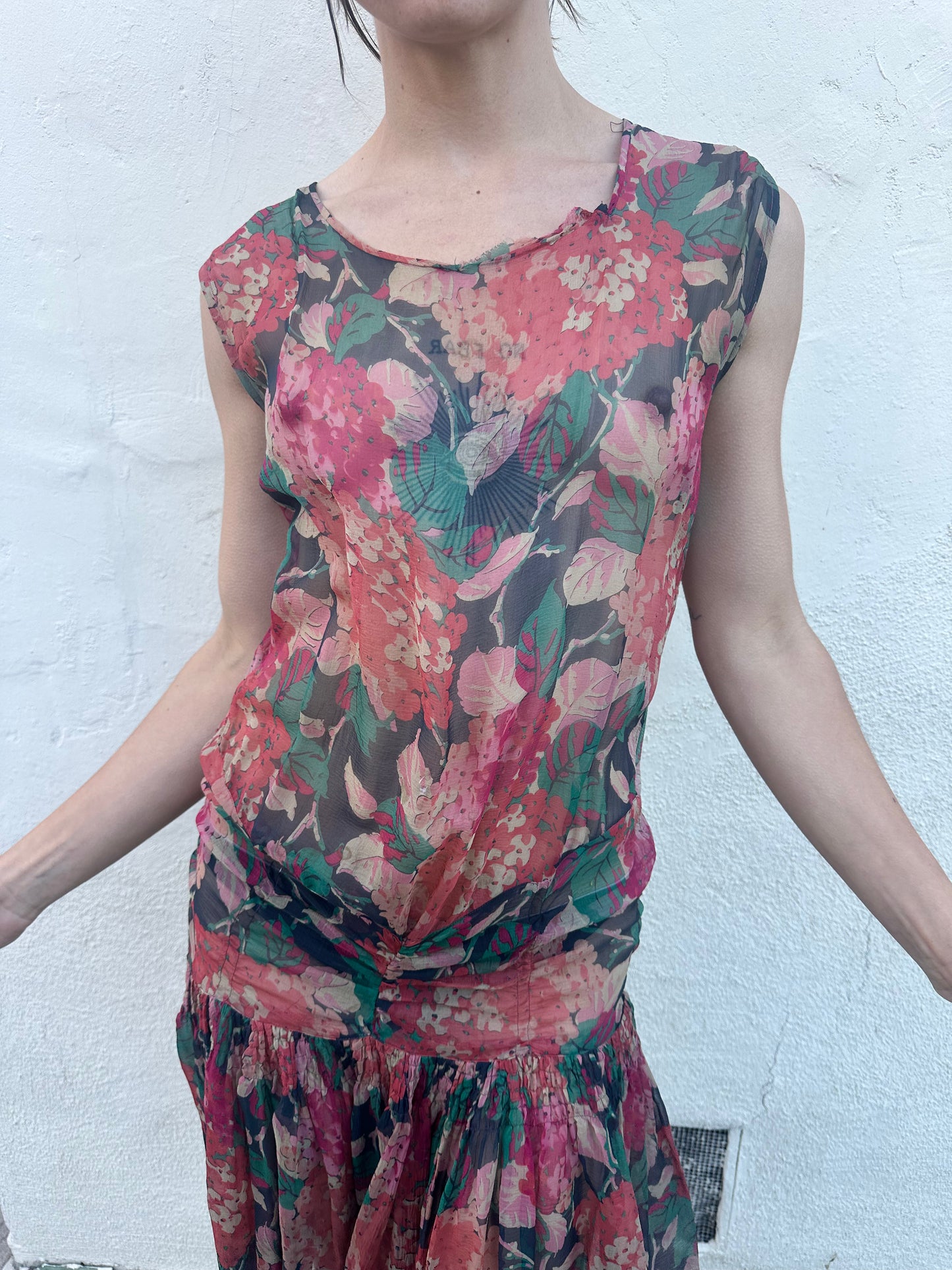 Antique Vintage - 1920s Silk Chiffon Floral Dress
