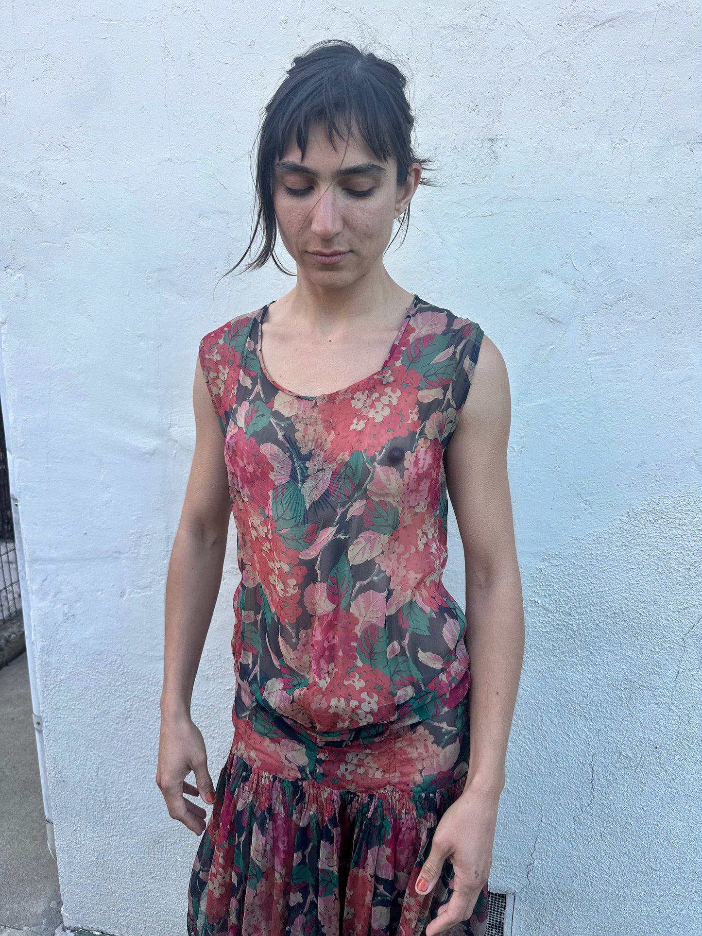 Antique Vintage - 1920s Silk Chiffon Floral Dress