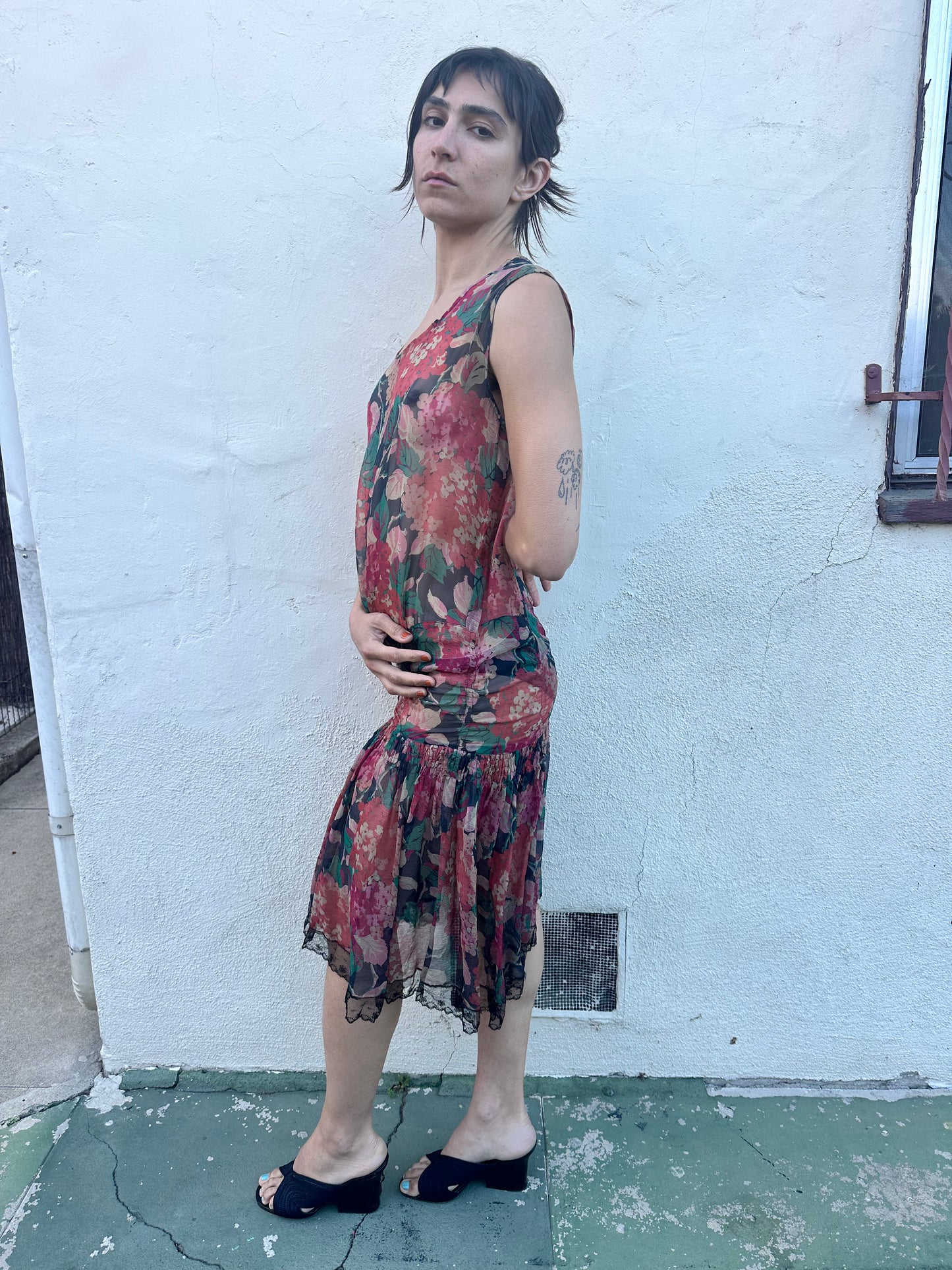 Antique Vintage - 1920s Silk Chiffon Floral Dress
