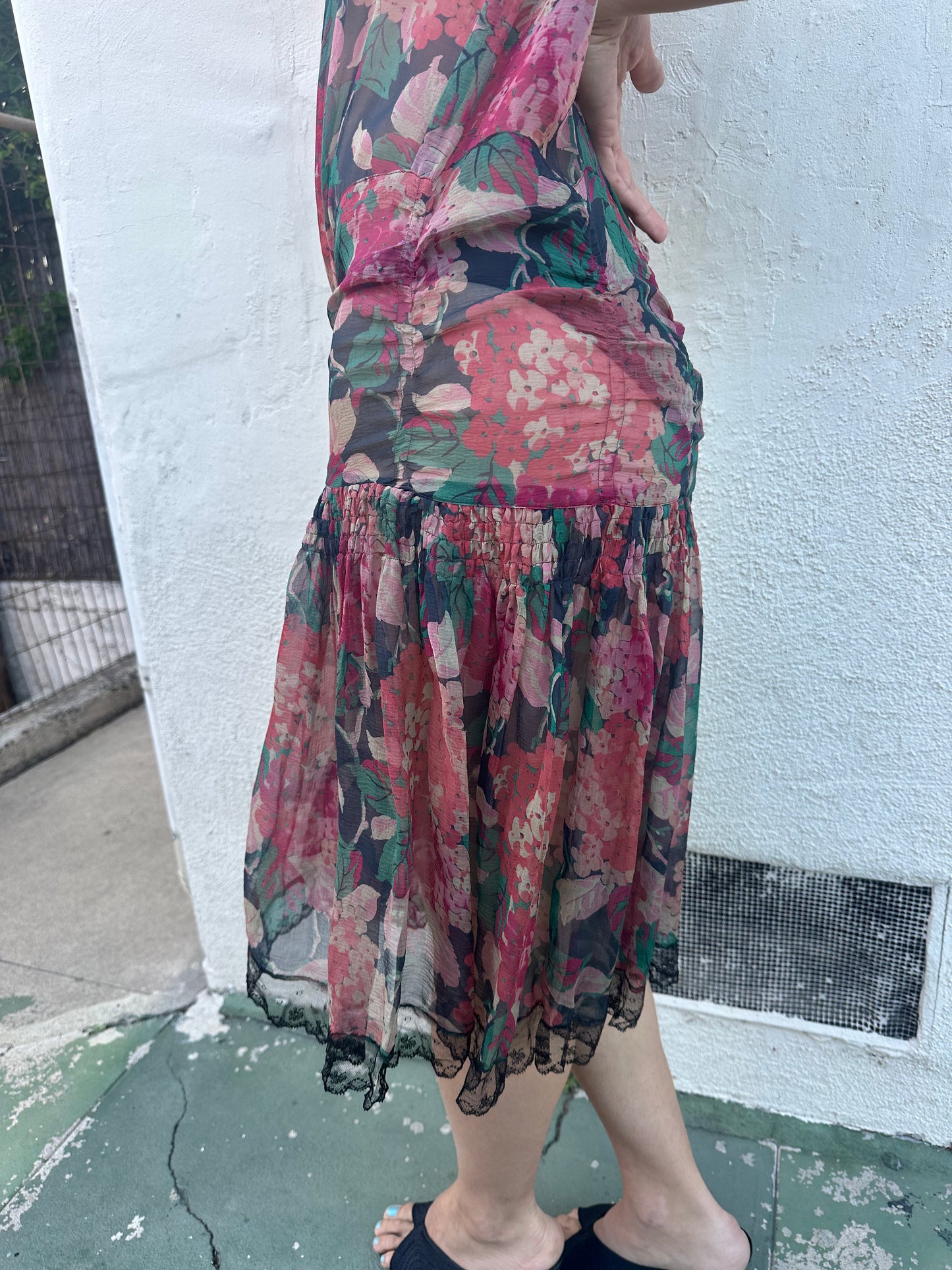 Antique Vintage - 1920s Silk Chiffon Floral Dress