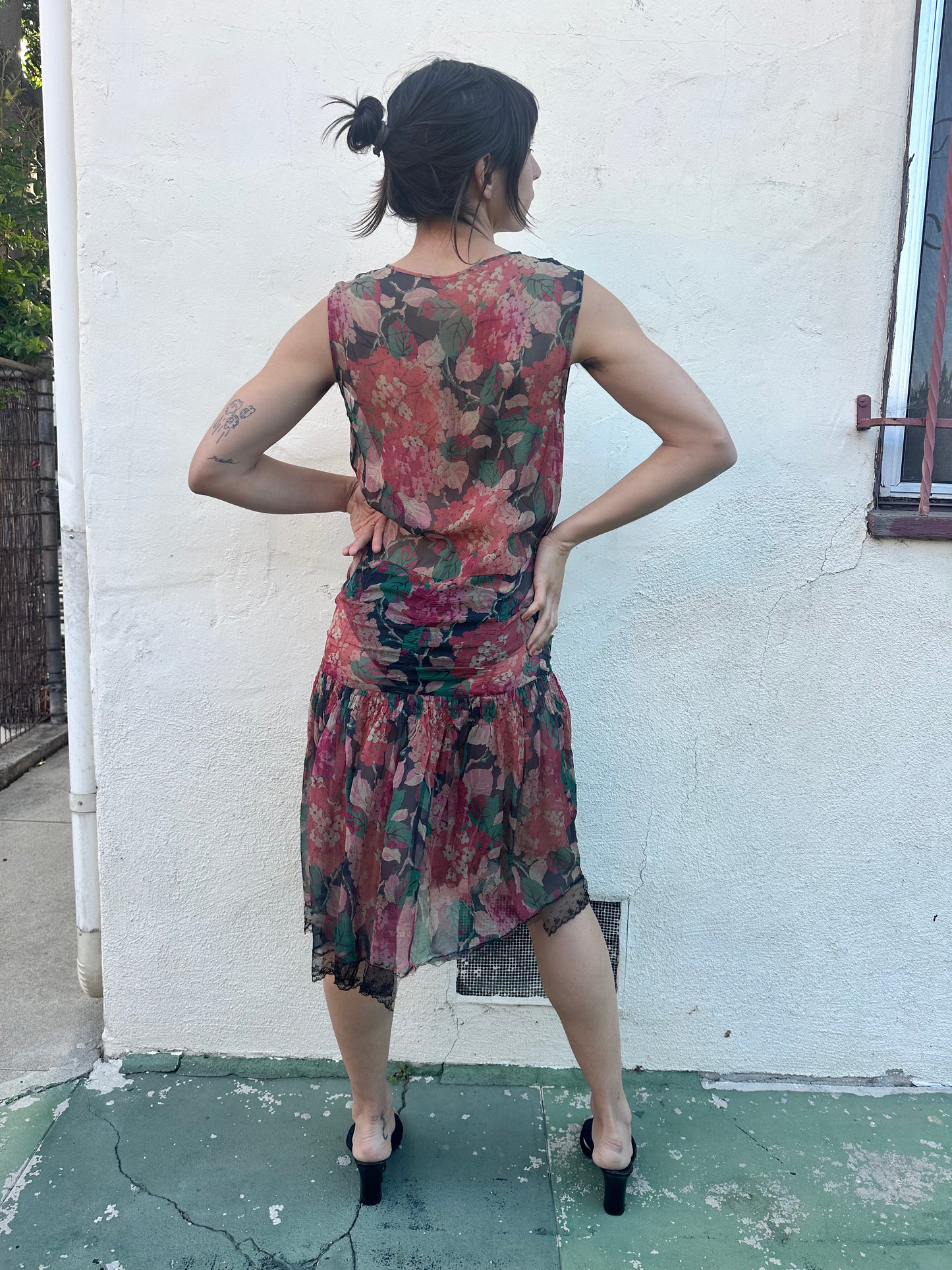 Antique Vintage - 1920s Silk Chiffon Floral Dress
