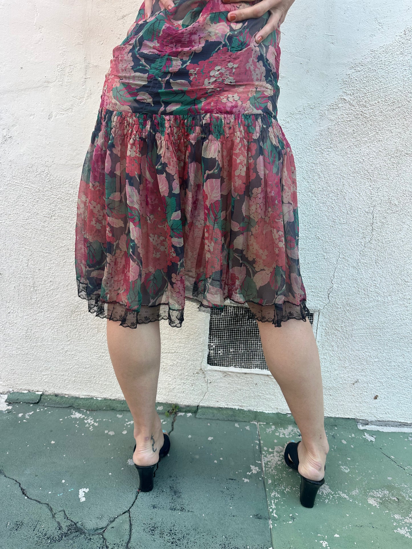 Antique Vintage - 1920s Silk Chiffon Floral Dress