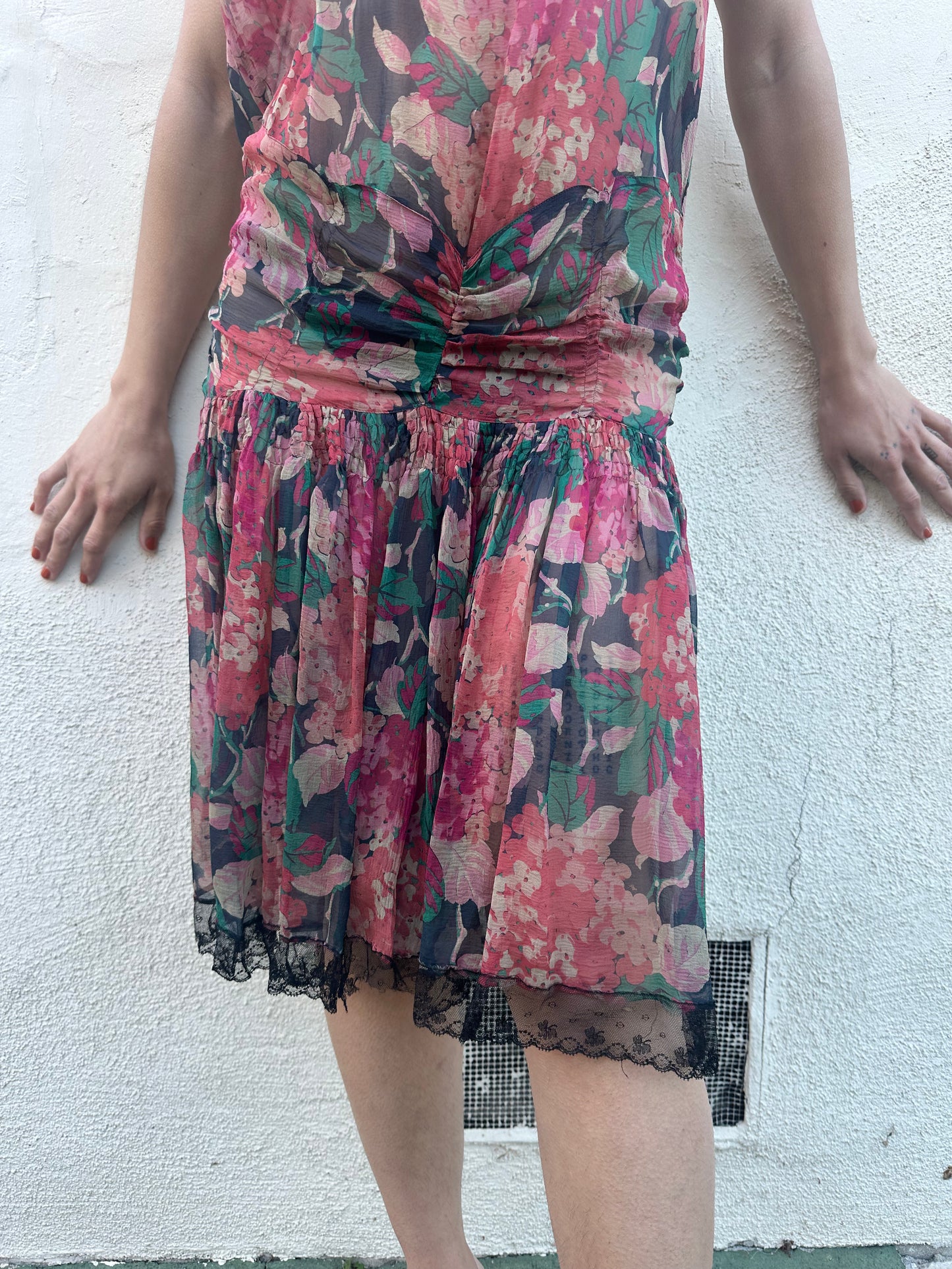 Antique Vintage - 1920s Silk Chiffon Floral Dress