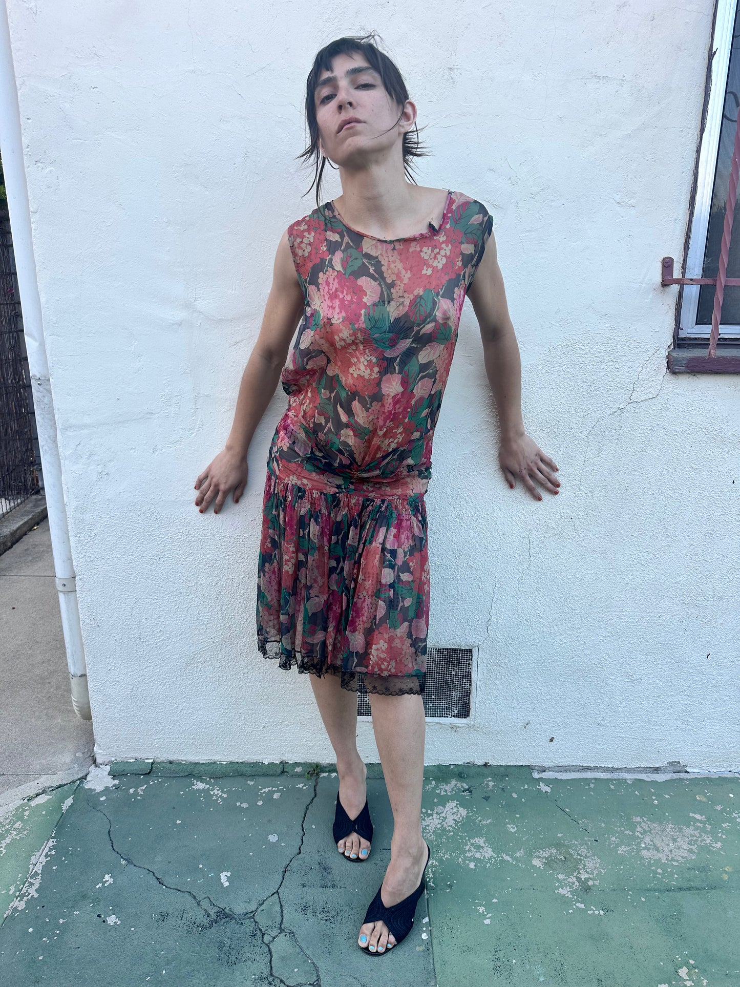 Antique Vintage - 1920s Silk Chiffon Floral Dress