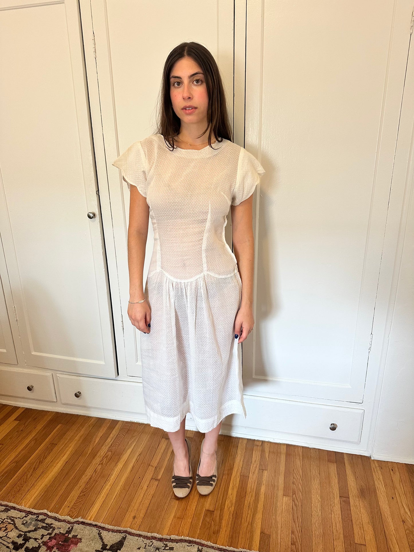 Antique Vintage - 1940s White Swiss Dot Dress