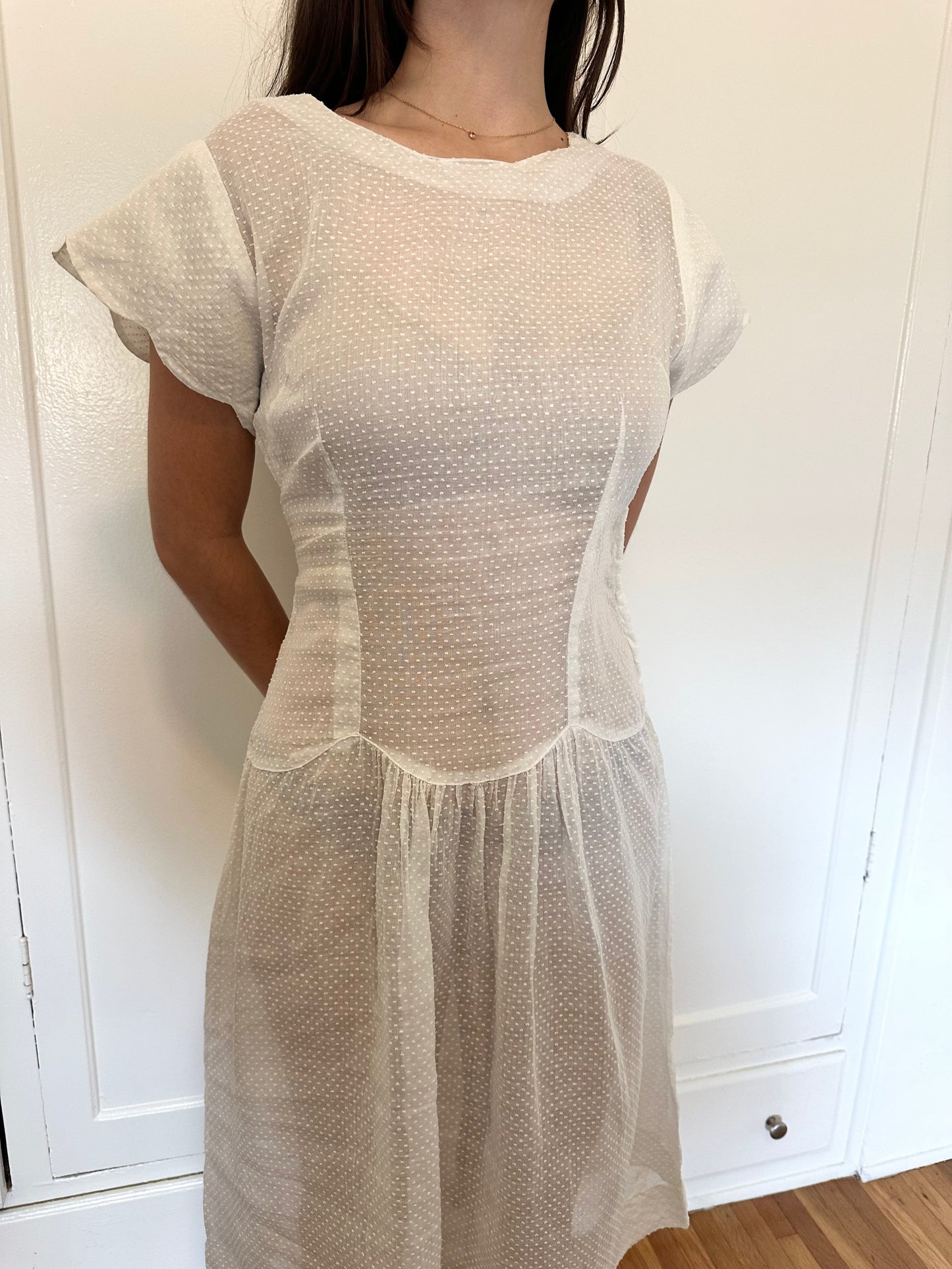 Antique Vintage - 1940s White Swiss Dot Dress