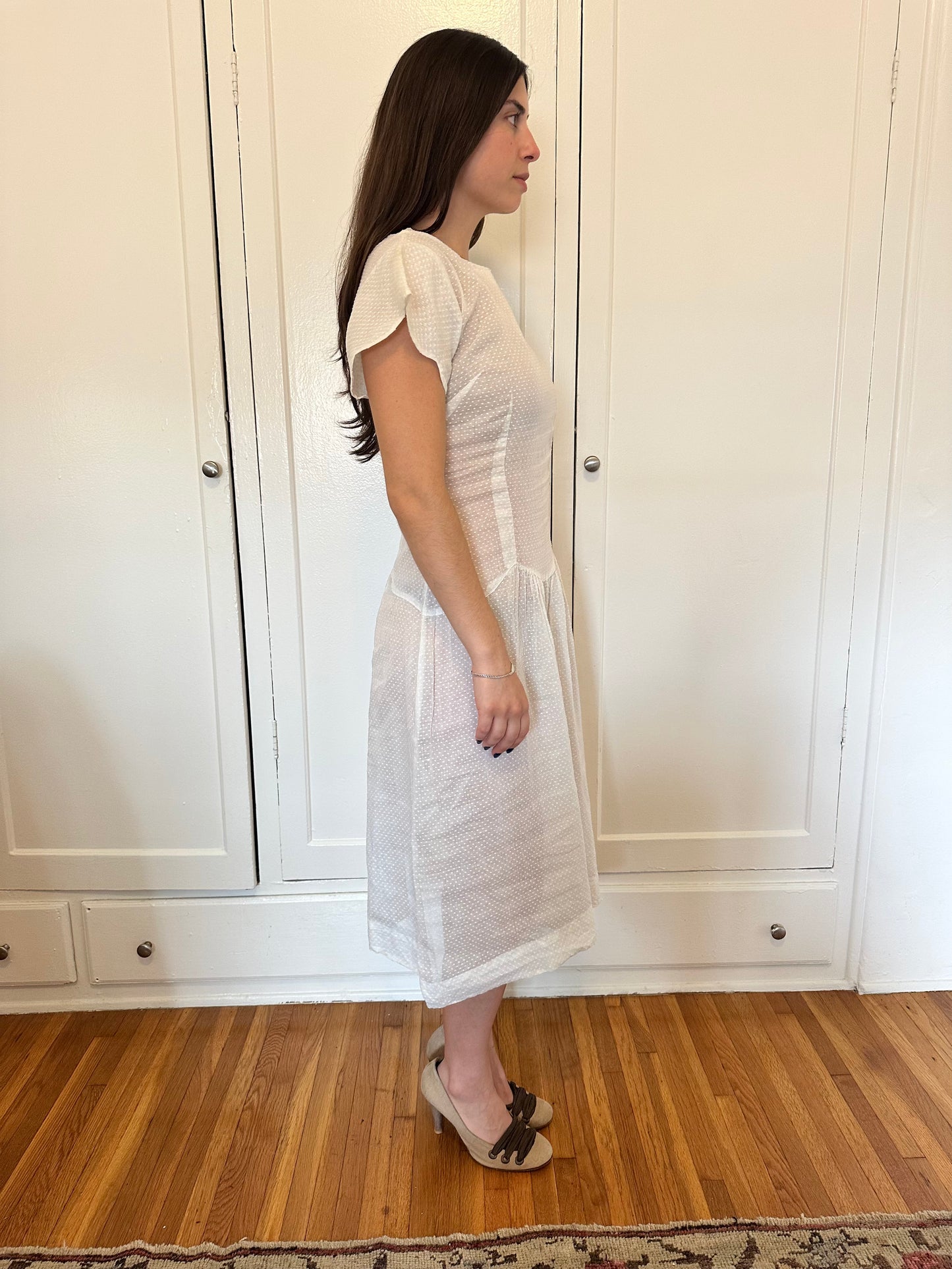 Antique Vintage - 1940s White Swiss Dot Dress