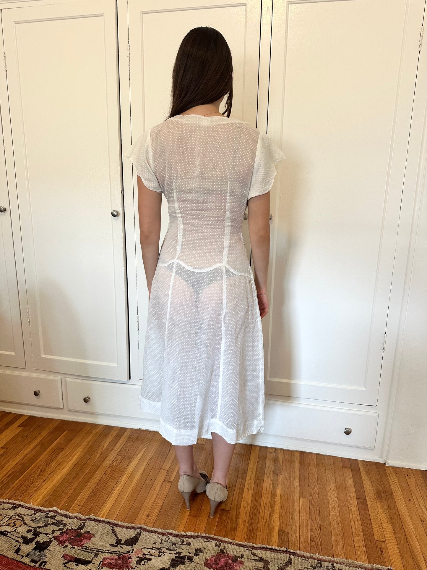Antique Vintage - 1940s White Swiss Dot Dress