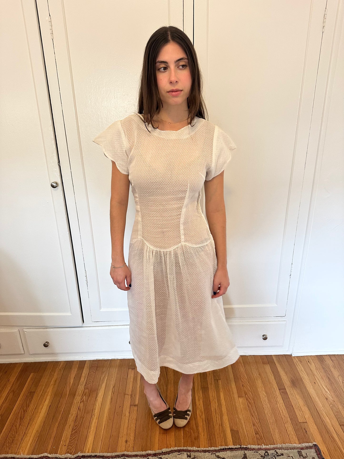 Antique Vintage - 1940s White Swiss Dot Dress