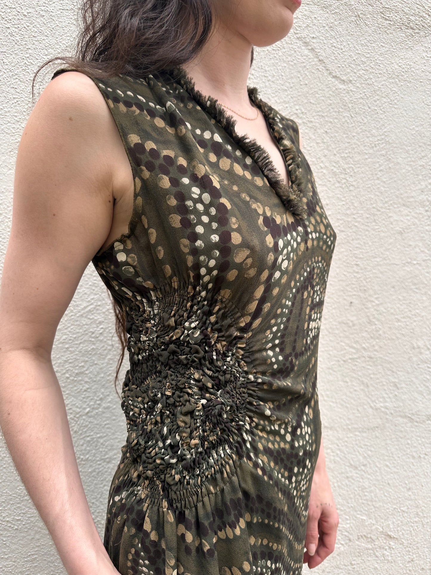 Green Gathered Dot Dress