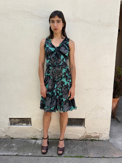 Teal Floral Ruffle Dress