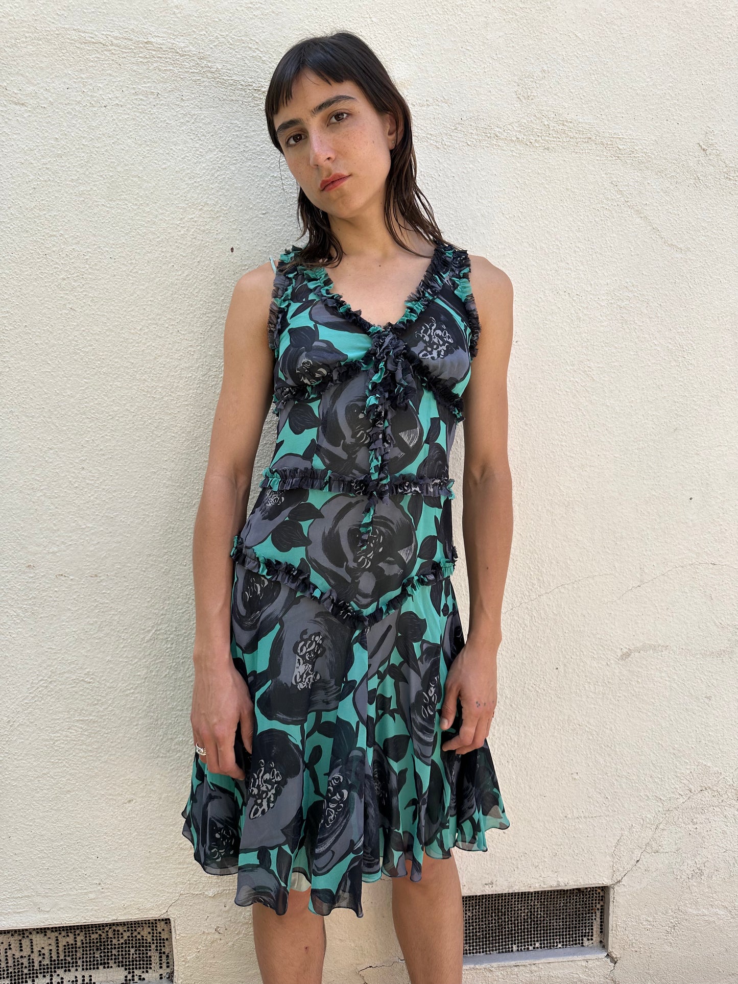 Teal Floral Ruffle Dress