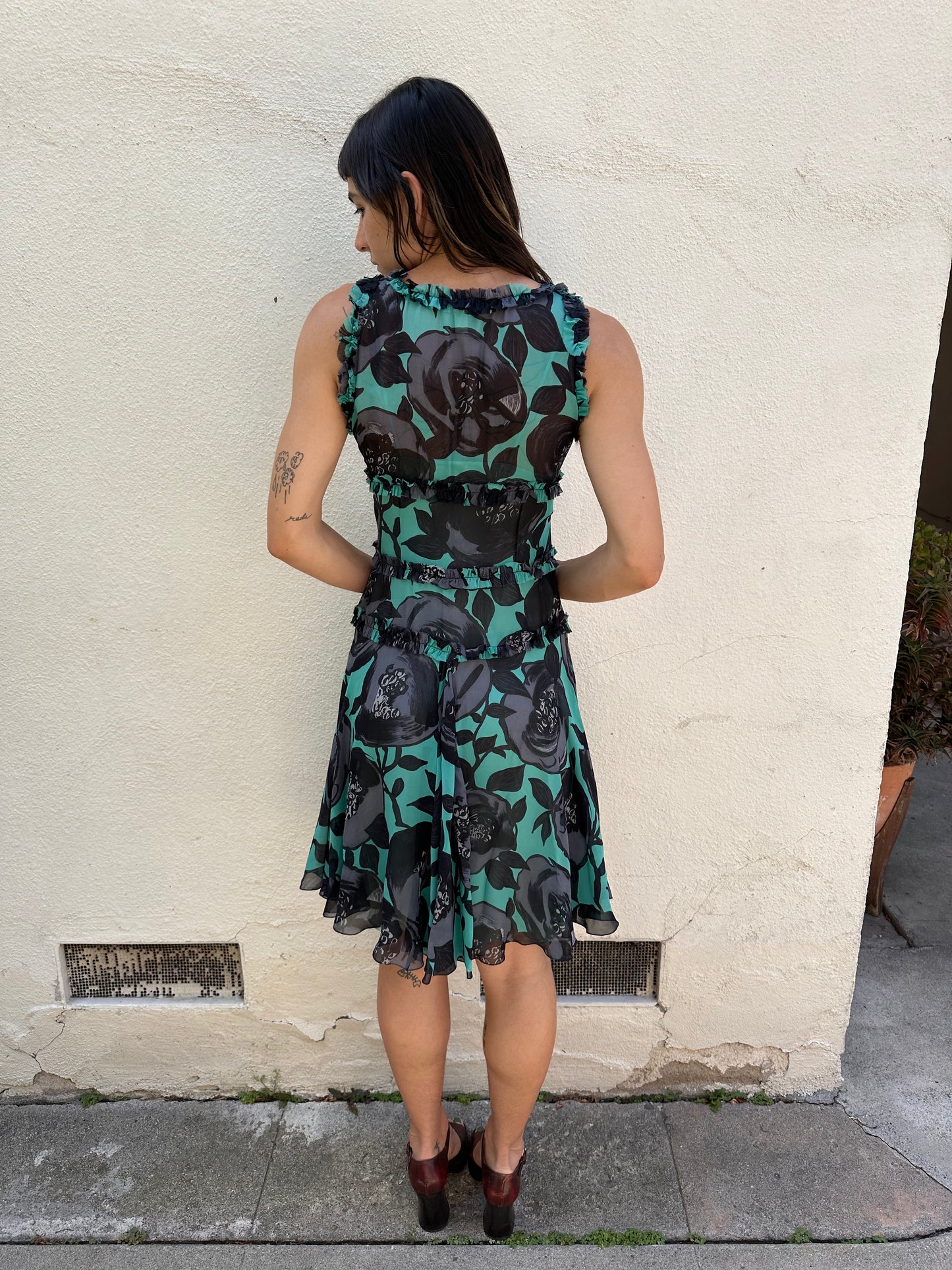 Teal Floral Ruffle Dress