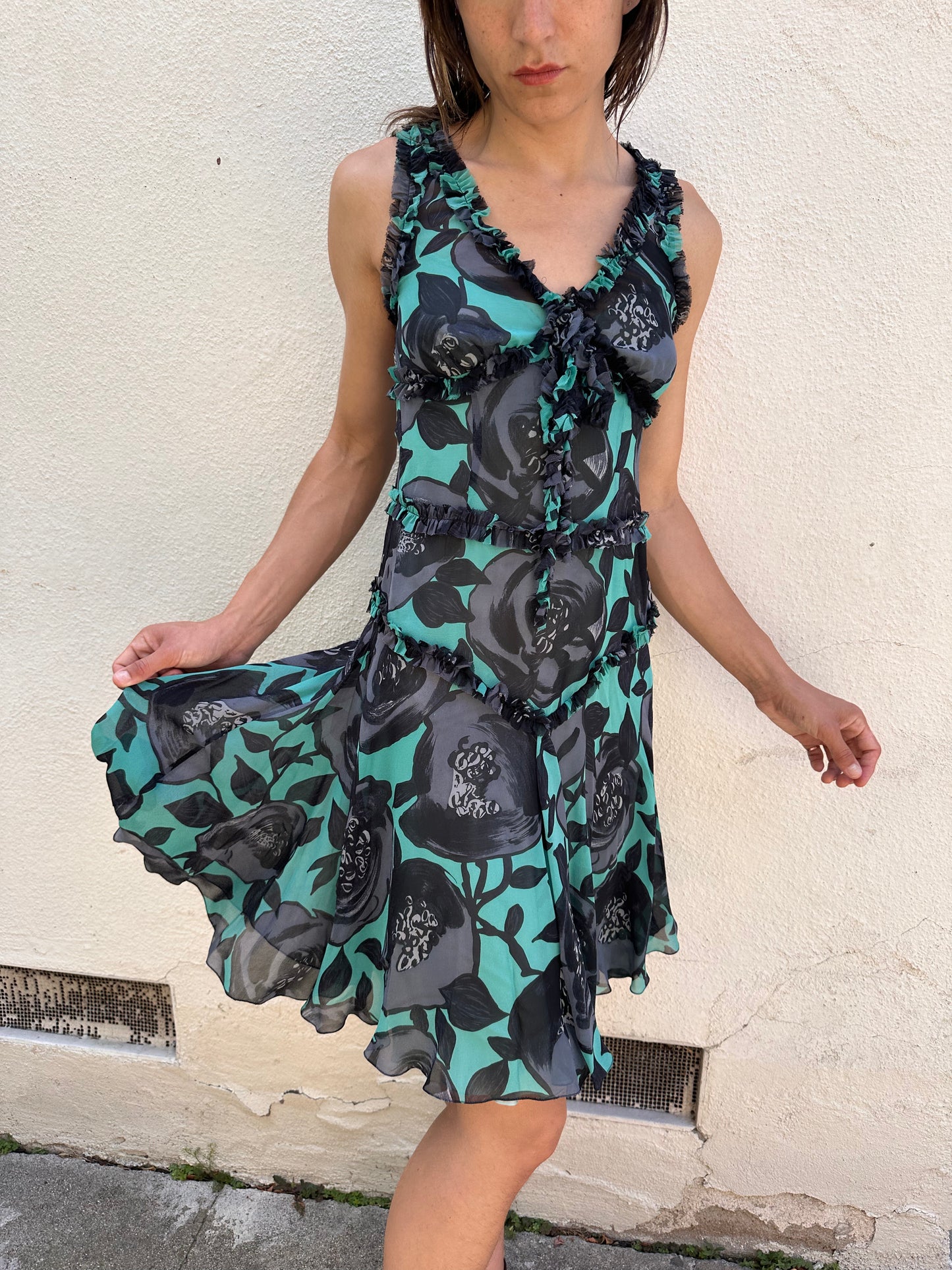 Teal Floral Ruffle Dress