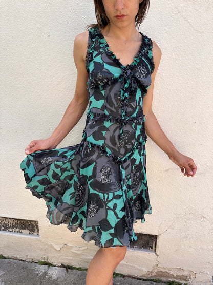 Teal Floral Ruffle Dress