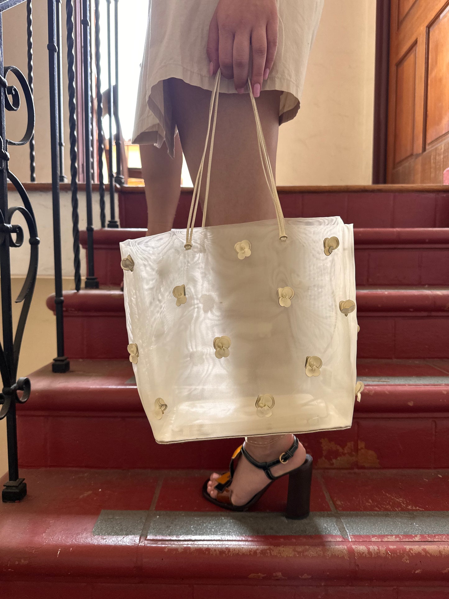Cream Mesh Flower Tote