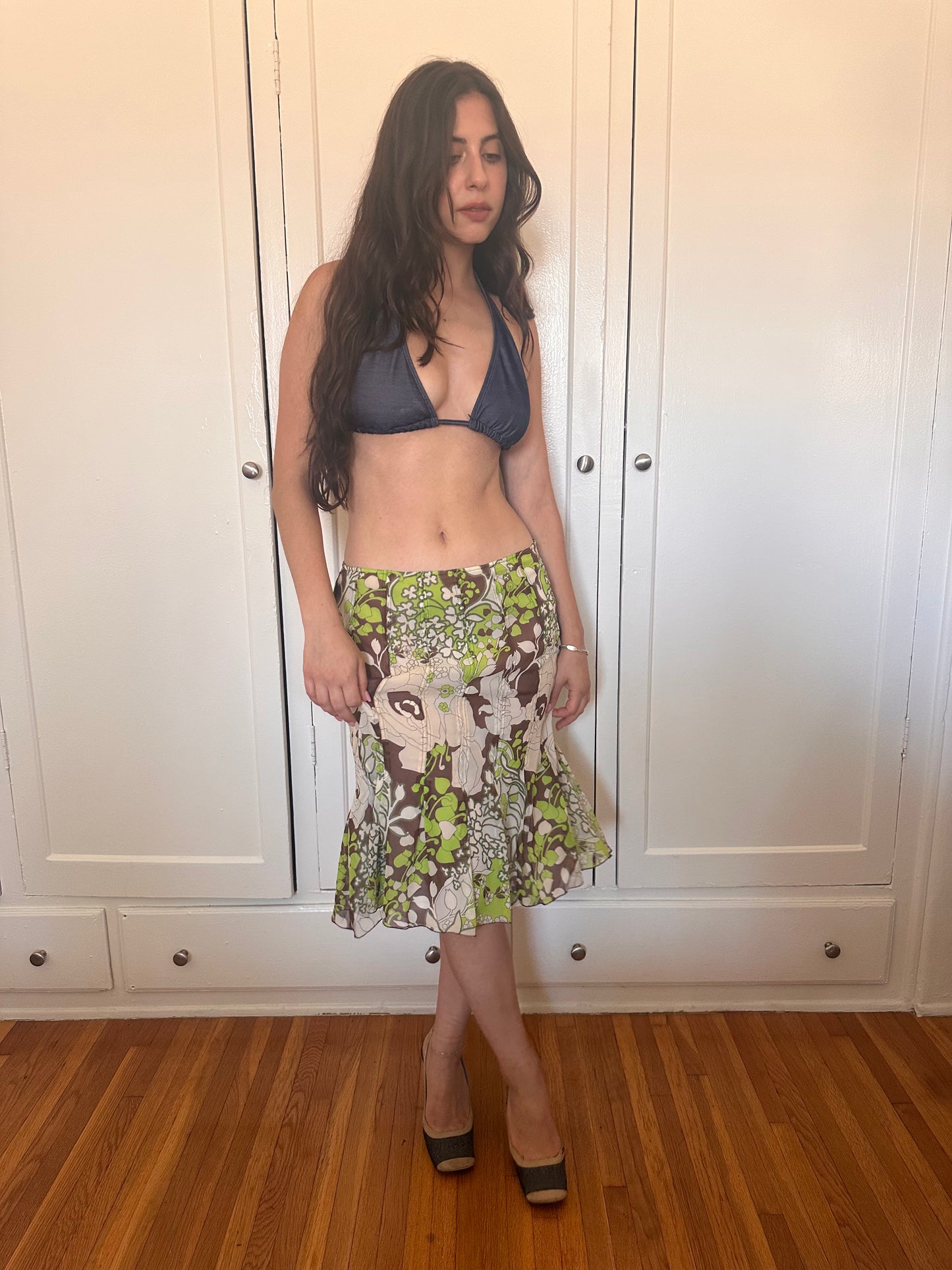Green Floral Silk Skirt