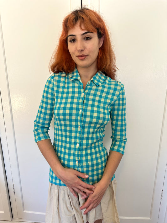 Tsumori Chisato - Turquoise Gingham Button Up