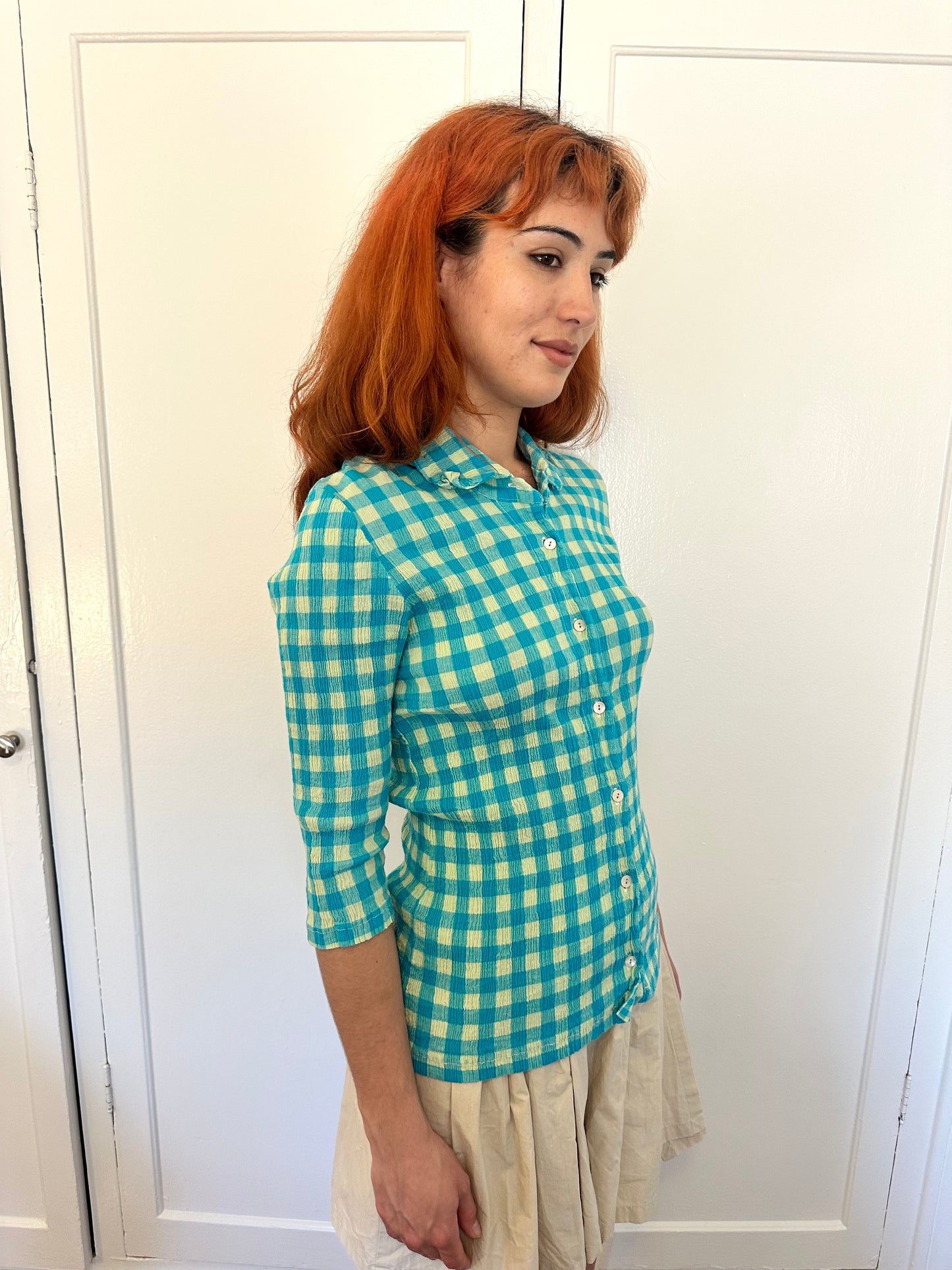 Tsumori Chisato - Turquoise Gingham Button Up