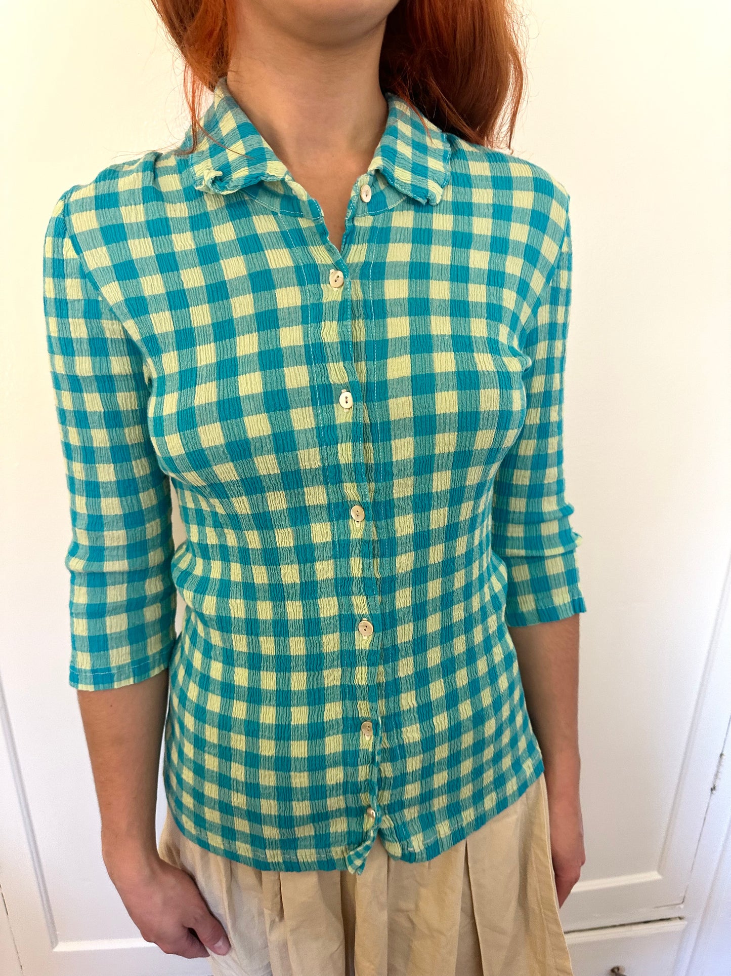 Tsumori Chisato - Turquoise Gingham Button Up